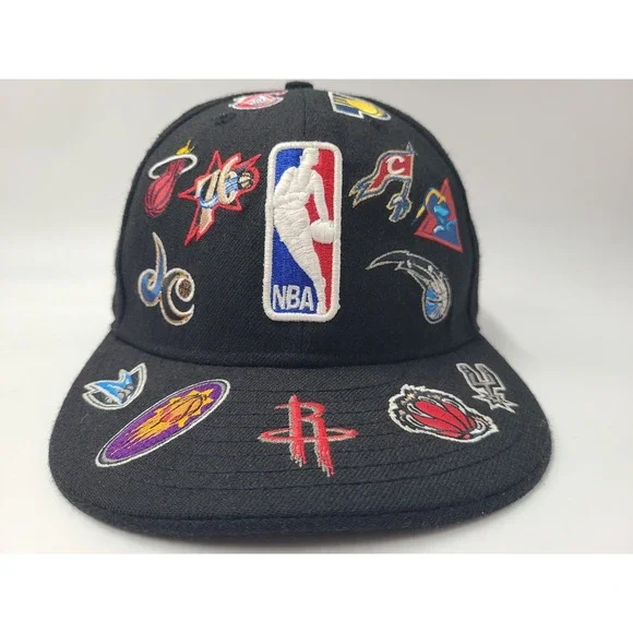 Vintage NBA All Over Print Team Logos New Era 59Fifty Fitted 7 3/4 Hat Cap Wool